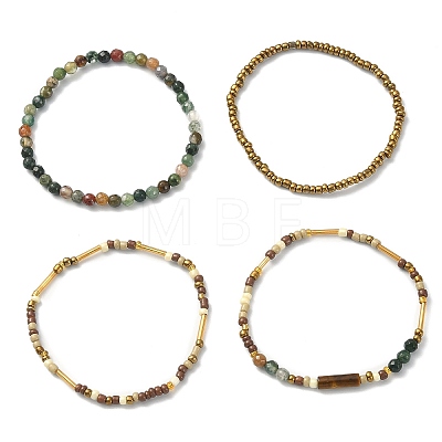 4Pcs 4 Style Natural Indian Agate & Tiger Eye & Seed Beaded Stretch Bracelets Set BJEW-JB09458-1