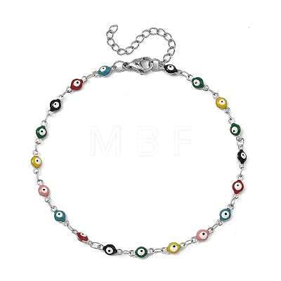 2Pcs 2 Styles 304 Stainless Steel Enamel Colorful Evil Eye Link Chain Anklets AJEW-AN00807-1