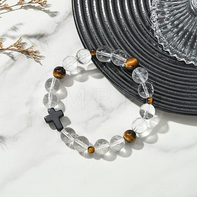 8MM Round Natural Quartz Crystal & Tiger Eye & Dyed Synthetic Turquoise Black Cross Beaded Stretch Bracelets for Women Men BJEW-TA00741-1