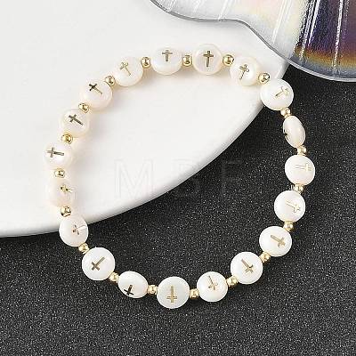 Natural Freshwater Shell Flat Round with Cross Beaded Stretch Bracelets for Women BJEW-JB14238-1