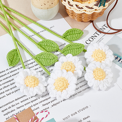 Crochet Polyester Yarn Daisy Flower Ornaments AJEW-WH0258-691-1