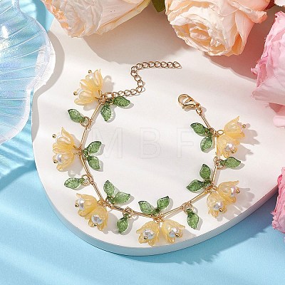 Flower Leaf Shell Pearl & Acrylic Charm Bracelets BJEW-TA00535-04-1