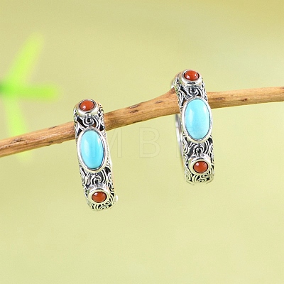 Oval Synthetic Turquoise Hoop Earrings EJEW-C178-07-1