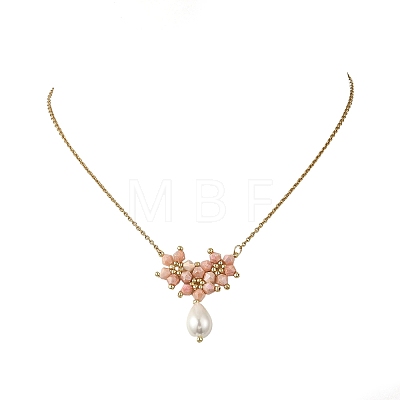 Electroplate Glass Beaded Flower Teardrop Pendant 304 Stainless Steel Cable Chain Necklaces NJEW-MZ00156-1