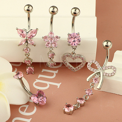 1Pc 304 Stainless Steel Rose Rhinestone Curved Barvell Dangle Belly Rings WGF9938-02-1