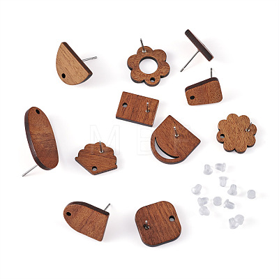 Fashewelry 22Pairs 11 Style Walnut Wood Stud Earring Findings MAK-FW0001-01-1