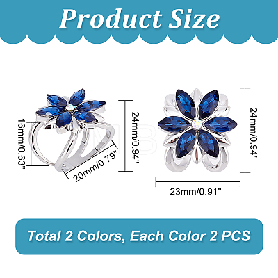   4Pcs 2 Colors Glass Flower Scarf Buckle Ring AJEW-PH0004-23-1