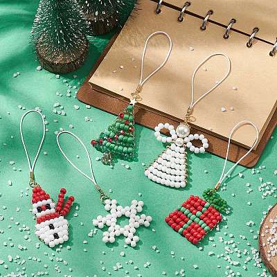 Christmas Glass Seed Beaded Pendant Decorations HJEW-TA00013-1