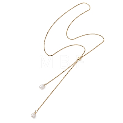 Adjustable Natural Pearl Rice Pendant 304 Stainless Steel Box Chain Lariat Necklaces NJEW-JN05948-1