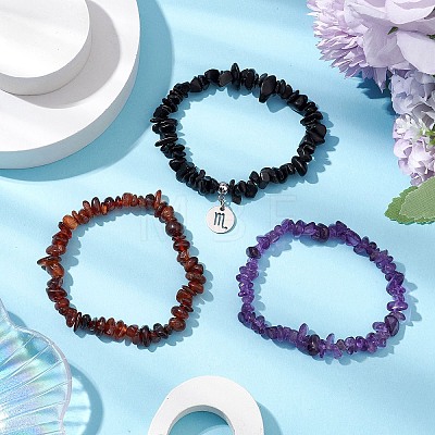 3Pcs 3 Styles Natural Amethyst & Garnet & Obsidian Chips Stretch Bracelets Sets BJEW-JB11076-10-1