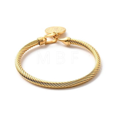 Ion Plating(IP) 304 Stainless Steel Saint Benedict Charms Twist Rope Bangle for Women BJEW-P283-06G-1