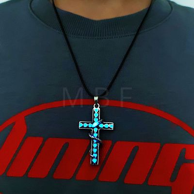 Luminous Glow In The Dark Alloy Cross with Snake Pendant Necklace with Leather Cord LUMI-PW0006-62-1