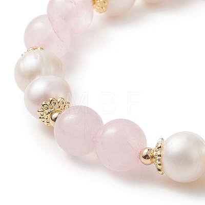 Natural Rose Quartz & Pearl Round Beaded Stretch Bracelet for Women BJEW-JB09246-03-1