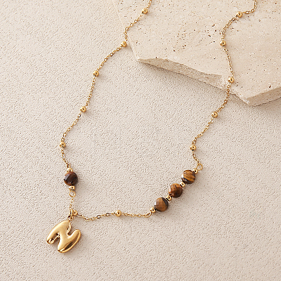 European Faceted Natural Tiger Eye 304 Stainless Steel Alphabet Pendant Necklaces QN9691-14-1