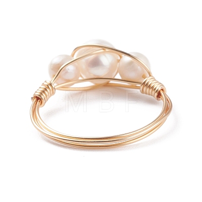 Copper Wire Wrapped Natural Cultured Freshwater Pearl Braided Bead Rings for Women RJEW-JR00434-1