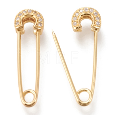 Brass Micro Pave Clear Cubic Zirconia Safety Pins ZIRC-I044-18G-1