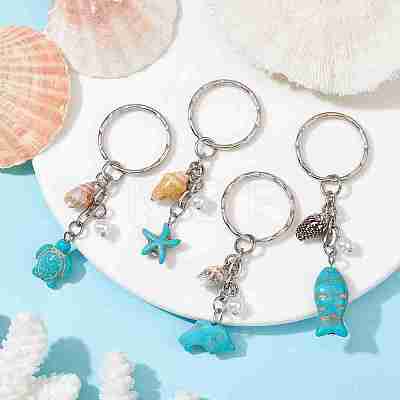 Synthetic Turquoise & Shell Pendant Keychain KEYC-JKC00653-1