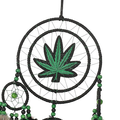 Maple Leaf Woven Net/Web with Feather Hanging Suncatchers HJEW-F024-01-1