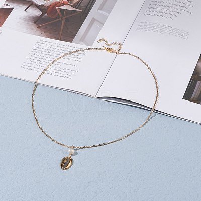 Natural Pearl Beads Natural Cowrie Shell Pendant Necklace for Teen Girl Women NJEW-JN03745-01-1