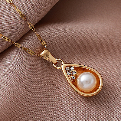 Vintage 304 Stainless Steel & Imitation Pearl Teardrop Pendant Necklaces for Women BR9499-1