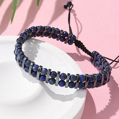 Natural Lapis Lazuli and Synthetic Hematite Adjustable Braided Bead Bracelets BJEW-H626-01-07-1