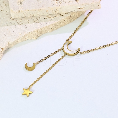 Stainless Steel & Natural White Shell Moon Star Pendant Y-Shaped Tassel Necklaces for Women PP3147-1