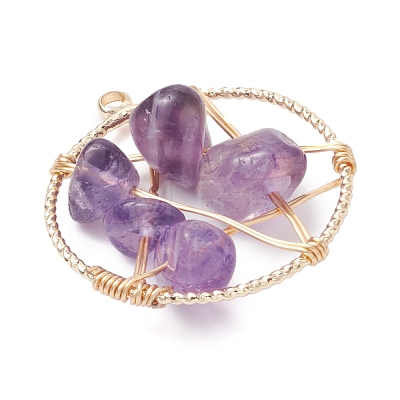 Natural Amethyst Nuggets Copper Wire Wrapped Flat Round Pendants PALLOY-JF03038-06-1