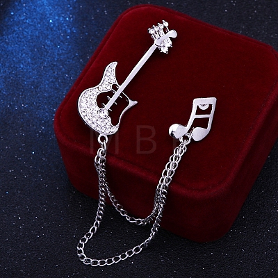 Guitar Musical Note Alloy Crystal Rhinestone Hanging Chain Brooch PW-WG75C60-02-1