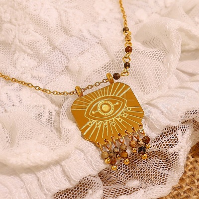 Boho 304 Stainless Steel Evil Eye Pendant Necklaces with Natural Map Stone Tassel for Women WGE9A35-01-1