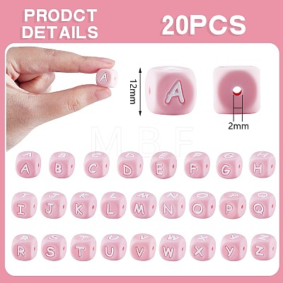 20Pcs Pink Cube Letter Silicone Beads 12x12x12mm Square Dice Alphabet Beads with 2mm Hole Spacer Loose Letter Beads for Bracelet Necklace Jewelry Making JX435I-1