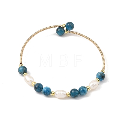 Natural Apatite Round and Rice Pearl Beaded Copper French Wire Cuff Bangles BJEW-JB14374-01-1