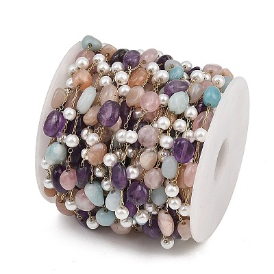 Natural Amethyst & Flower Amazonite & Sunstone & Rose Quartz & Nuggets & 316 Stainless Steel Handmade Link Chains CHS-K021-14G-04-1