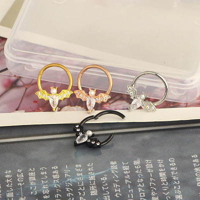 304 Stainless Steel Clear Cubic Zirconia Bat Hoop Cartilage Earrings WG1F324-06-1