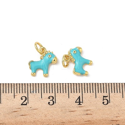 Brass Cyan Enamel Horse Charms with Jump Rings KK-I371-01G-1