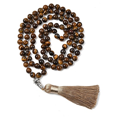 Natural Tiger Eye Mala Prayer Round Beaded Wrap Necklaces with Long Tassel and Metal Tree of Life FS-WG93CBE-04-1