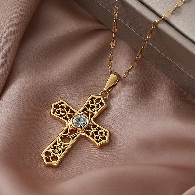 Vintage 304 Stainless Steel Pave Clear Cubic Zirconia Religion Filigree Cross Pendant Necklaces NA2735-1