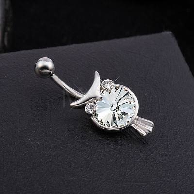 Piercing Jewelry Real Platinum Plated Brass Cubic Zirconia Owl Navel Ring Navel Ring Belly Rings AJEW-EE0001-33A-1