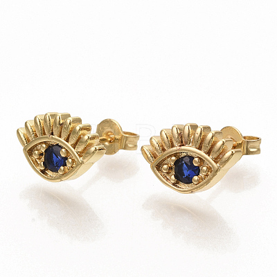 Brass Micro Pave Blue Cubic Zirconia Stud Earrings EJEW-S208-014-1