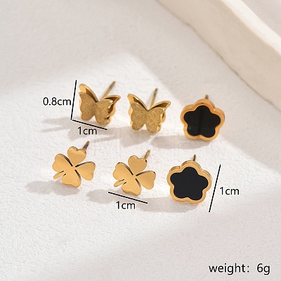 3 Pairs Fashionable Butterfly & Flower & Clover Stainless Steel Stud Earring Sets JY4608-1