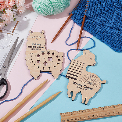 1 Set Sheep Shape Wooden Knitting Needle Gauge & Yarn Wrap Guide Board DIY-BC0006-95-1