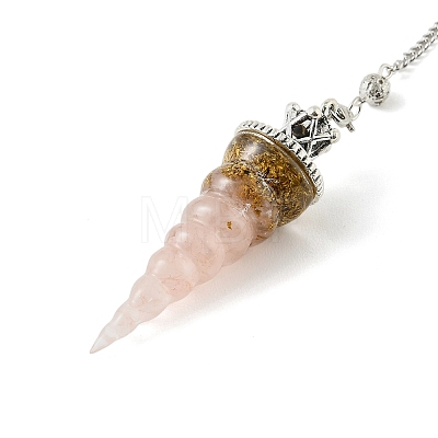Resin Dowsing Pendulum Pendants with Natural Rose Quartz Chips inside and Iron Chain & Alloy Caps GG-CBAEAD2-01A-1