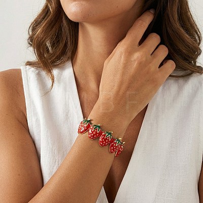 304 Stainless Steel Enamel Red Strawberry Open Cuff Bangles for Women WG62D08-01-1