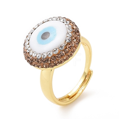 Adjustable Natural Shell Evil Eye Ring with Rhinestone RJEW-A011-12G-1