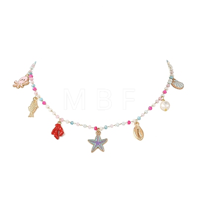 Ocean Alloy Enamel Starfish Octopus Fish Multi Pendant Necklaces NJEW-JN06510-1