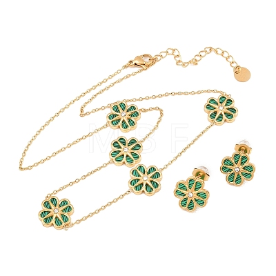 304 Stainless Steel with Resin Flower Link Chain Necklaces & Stud Earrings SJEW-Z005-02G-02-1