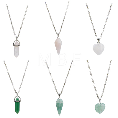 FIBLOOM 6Pcs 6 Styles Natural Rose Quartz & Green Aventurine Pendant Necklaces Set with Alloy Chains NJEW-FI0001-13-1