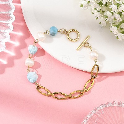 Natural Mixed Gemstone Nuggets and Pearl Beaded Chain Bracelets with 304 Stainless Steel Cross Link Chains and OT Clasps BJEW-JB14436-1
