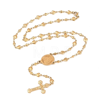 Crucifix Cross with Oval Rosary Bead Necklace NJEW-E070-33G-1-1