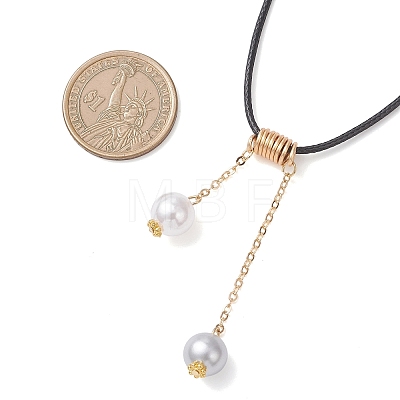 ABS Plastic Imitation Pearl Round Tassel Pendant Black Waxed Polyester Cord Necklaces for Women NJEW-JN05610-02-1