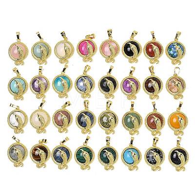 Natural & Synthetic Mixed Gemstone Flat Round Shaped Brass Pendants KK-F887-03G-1